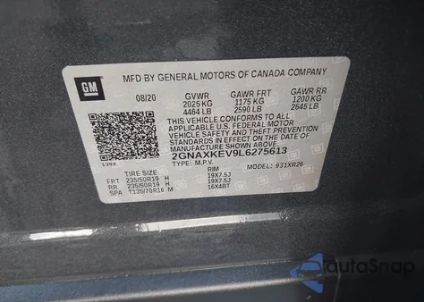 2020 Chevrolet Equinox Fwd Lt 1.5L Turbo z USA, uszkodzony, nr VIN 2GNAXKEV9L6275613